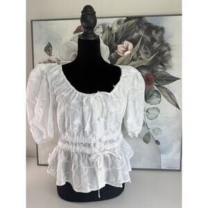 Joie White Cotton Embroidered Puff Sleeve Blouse Button Scoop Neck Floral S